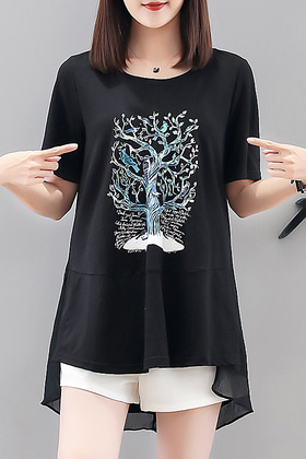 F726MD32 나무 프린팅 플레어 티셔츠